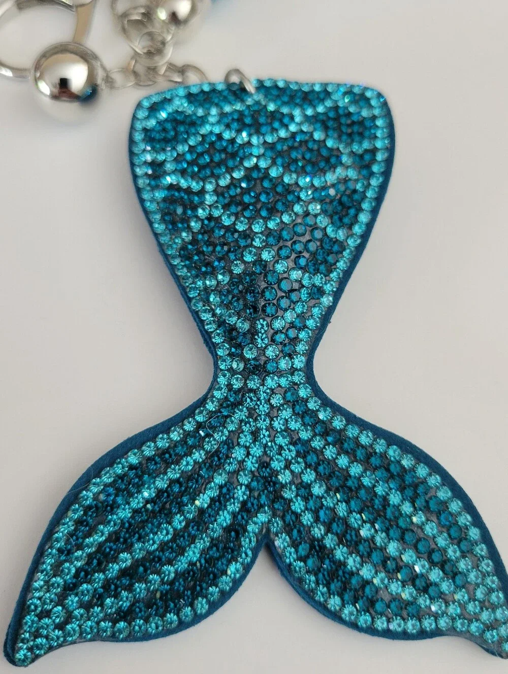 NWT Large Ocean Blue Mermaid Tail Keychain Bag Charm Beautiful, Tassel, Silver